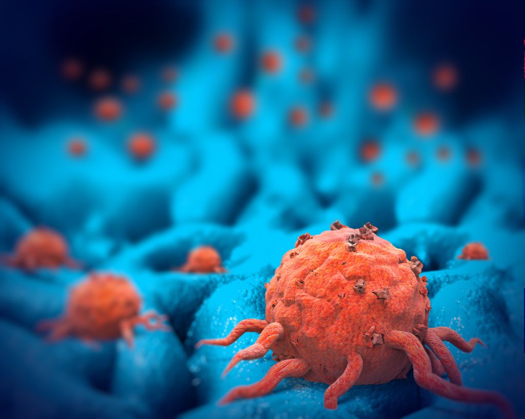 A 3D rendering of cancer cells at a microscopic level.